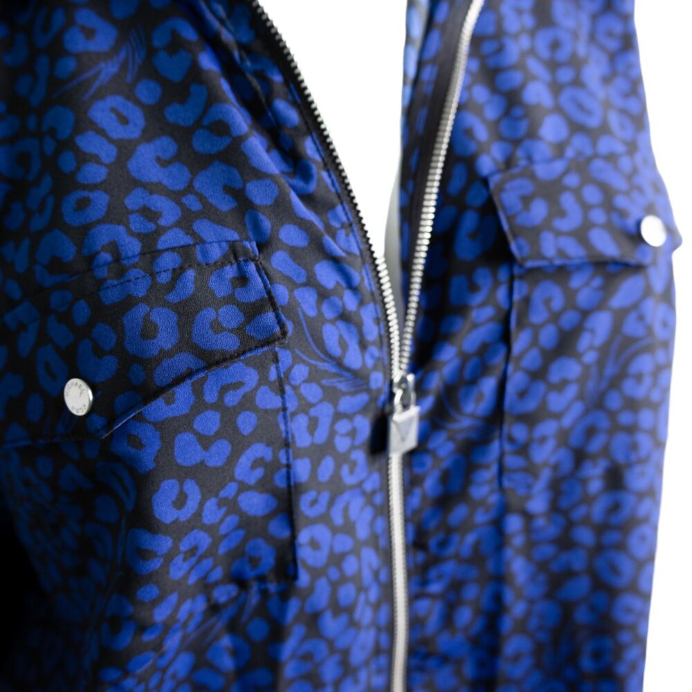 Michael Kors Black and Blue Leopard Print Zip Up Long Sleeve Snap Tab Sleeves - Picture 3 of 11
